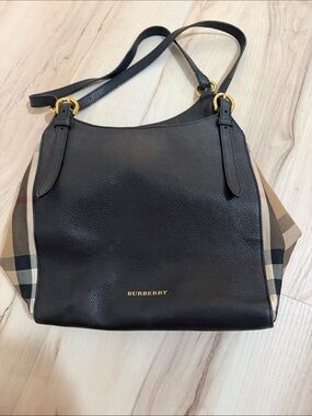 Burberry Black Leather Shoulder Bag with Vintage Check Sides